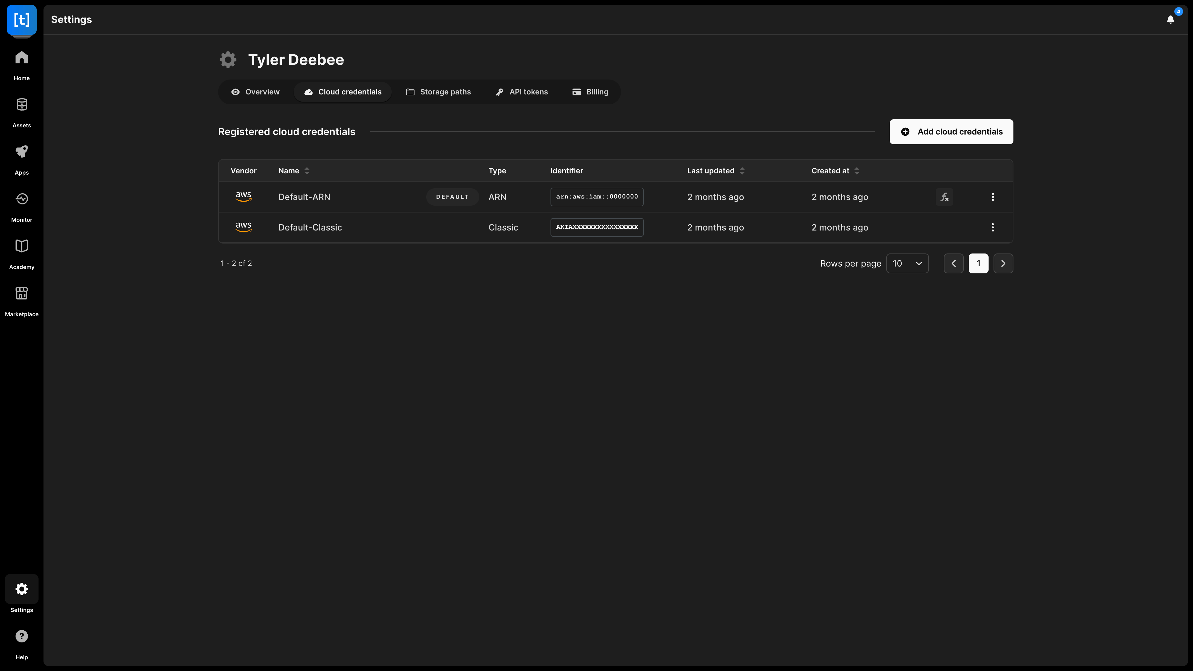 The 'Cloud credentials' section of a user's TileDB Cloud profile.