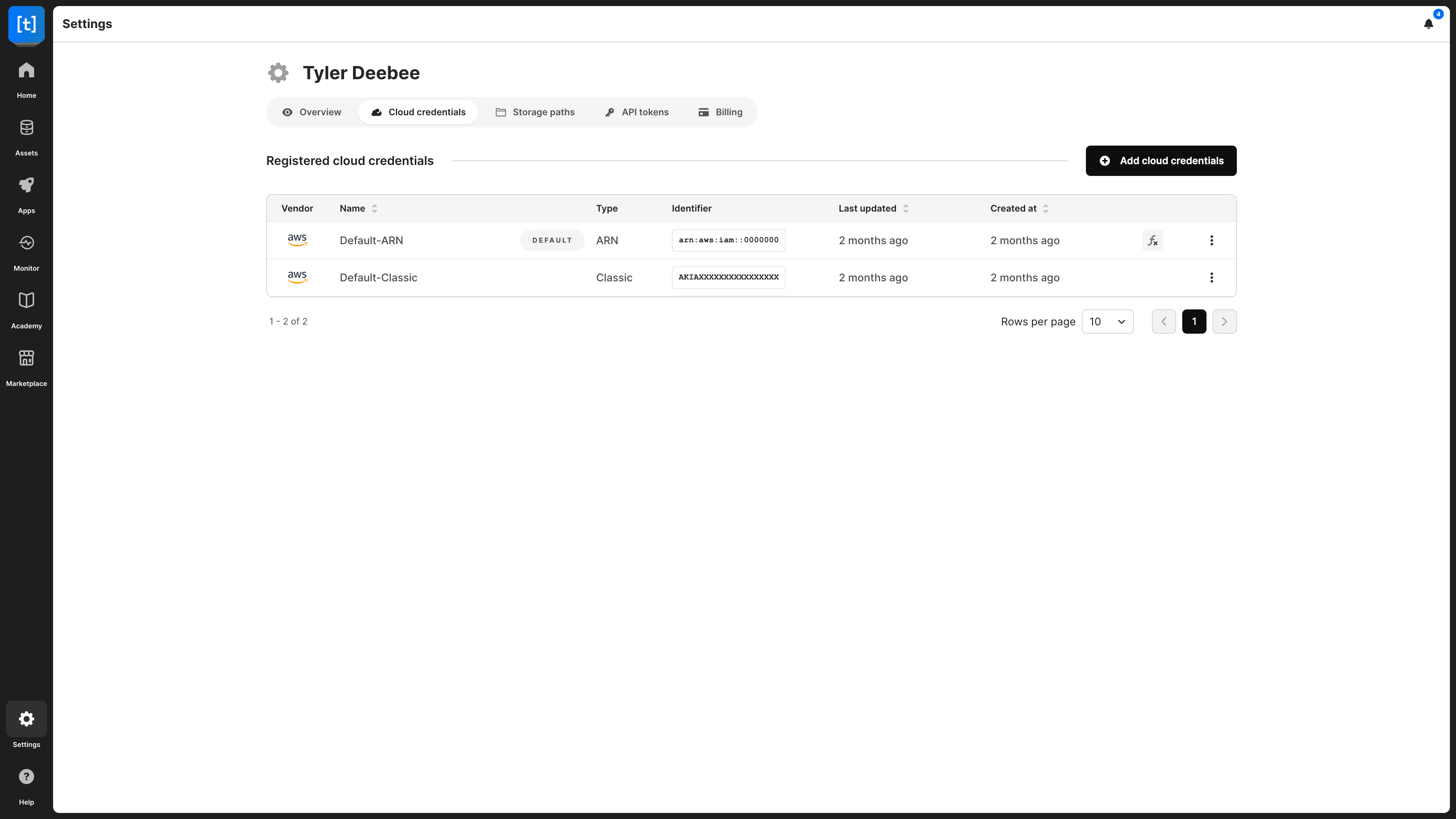 The 'Cloud credentials' section of a user's TileDB Cloud profile.